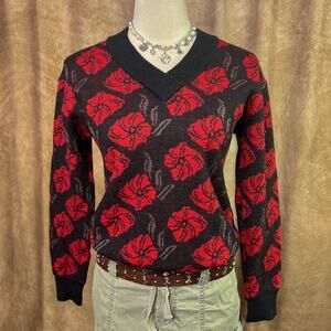 Vintage Floral Rose Sweater 90s Wool Knit Red Black V Neck Goth Indie Grunge